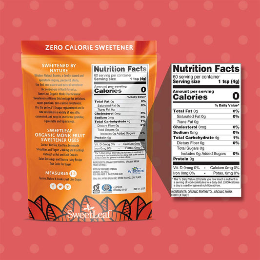 Sweetleaf Organic Monk Fruit Granular Sweeteners, 240 Grams, 1:1 Sugar Substitute, Zero Calorie, Keto Diet Friendly (Pac