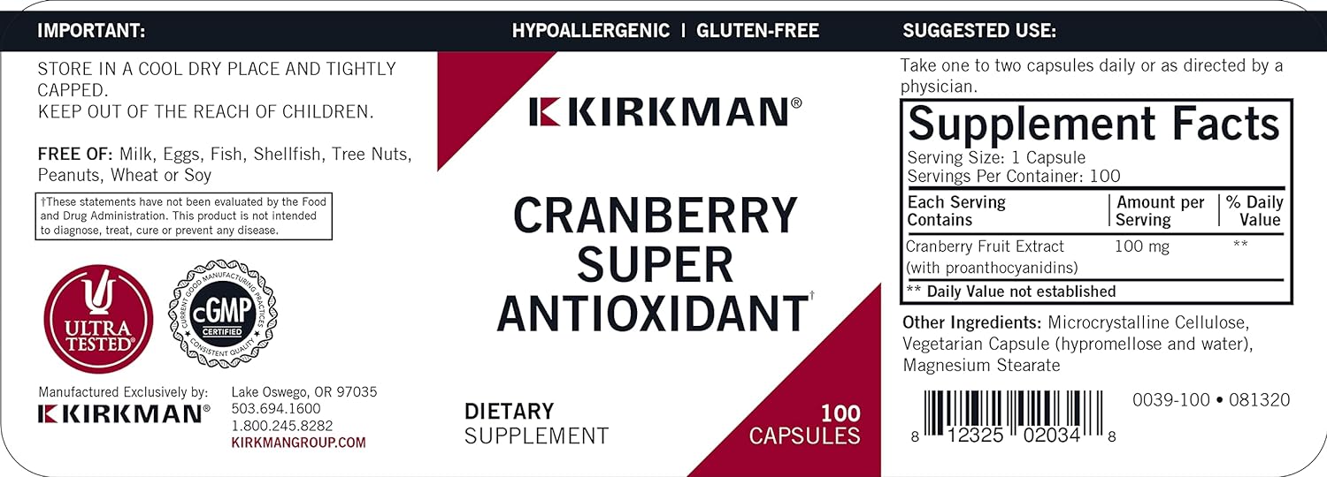 Kirkman Cranberry Super Antioxidant - Hypoallergenic || 100 Vegetarian