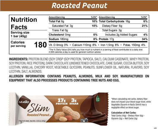 Nugo Slim Dark Chocolate Roasted Peanut, 16G Protein, 2G Sugar, 7G Fiber, Low Net Carb, Keto Friendly, Gluten Free, 12 Count