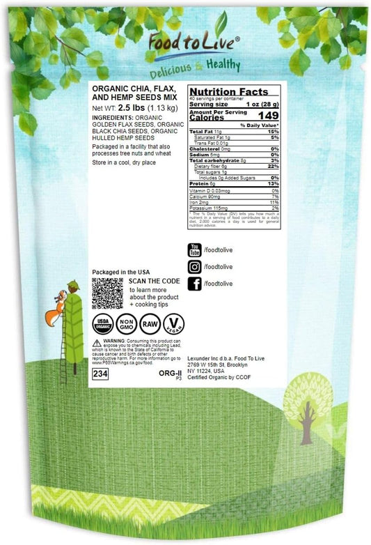 Organic Chia, Flax, And Hemp Seeds Mix – A Non-Gmo Blend Of Whole Black Chia Seeds, Whole Golden Flax Seeds, And Hemp Hearts, Vegan, Kosher, Bulk. Great For Smoothies, Shakes And Salads