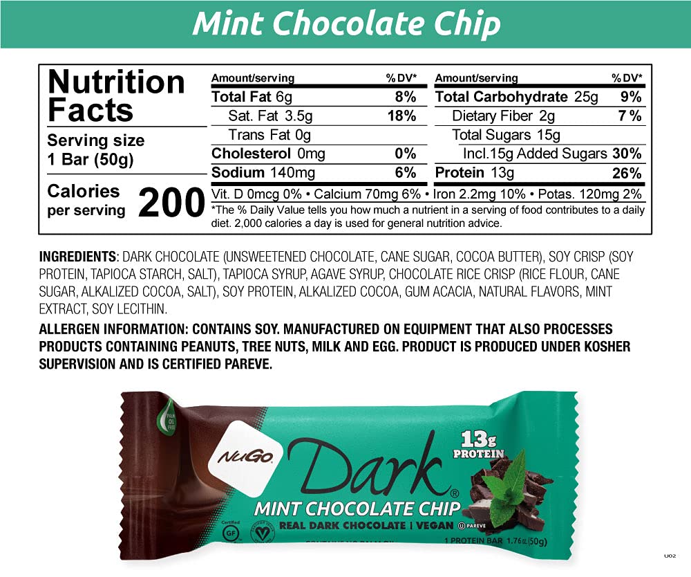 NuGo Dark Mint Chocolate Chip, 13g Vegan Protein, 200 Calorie, Gluten