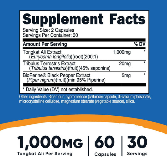 Nutricost Tongkat Ali 1,000Mg 60 Capsules - With Tribulus Terrestris And Bioperine, Vegetarian Caps, Non-Gmo, Gluten Fre