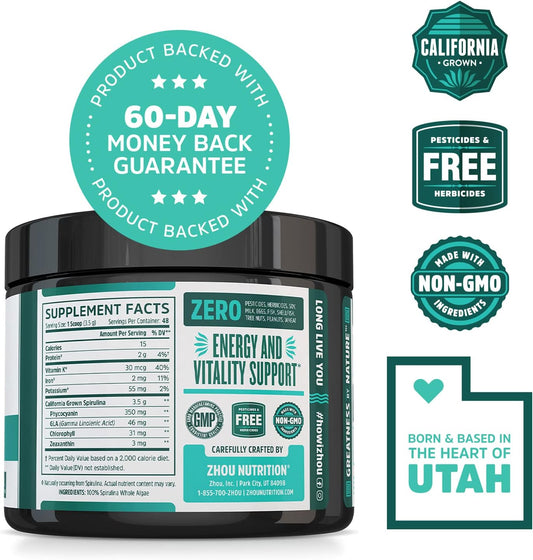 Zhou Spirulina Powder, Nutrient Rich Superfood, California Grown, 100%