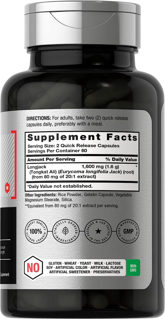 Longjack Tongkat Ali 1600 Mg | 120 Capsules | Longifolia Root Extract Powder | Maximum Strength Formula | Non-Gmo, Glute