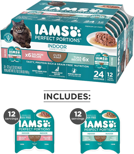 Iams Perfect Portions Indoor Adult Grain Free Wet Cat Food Cuts In Gravy Variety Pack, Tuna Recipe And Salmon Recipe, (1