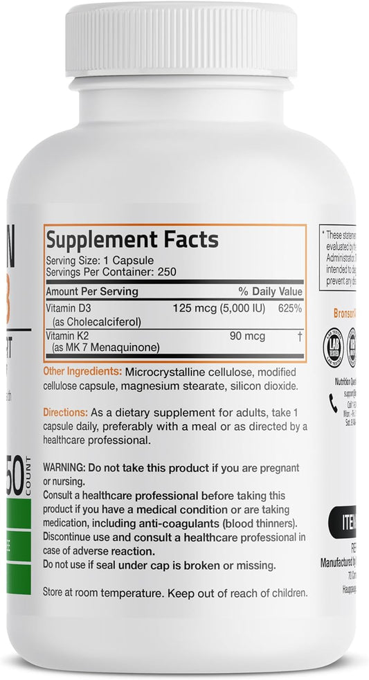 Bronson Vitamin K2 (Mk7) With D3 Supplement Bone And Heart Health Non-
