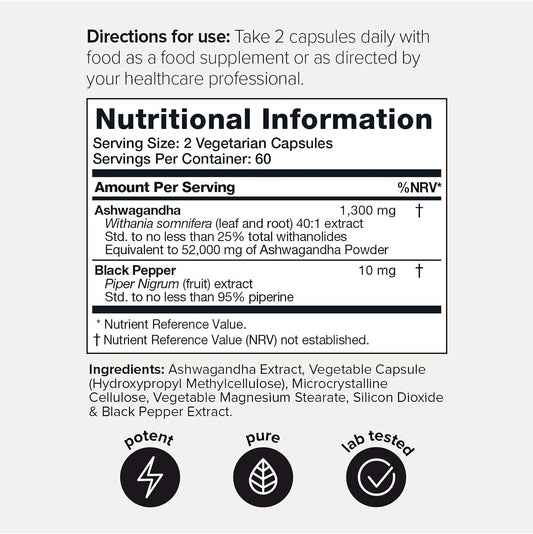52,000Mg 40X Concentrated Ashwagandha Capsules - 25% Withanolides - Ul1.3 Grams