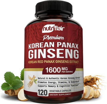 Nutriflair Korean Red Panax Ginseng 1600Mg, 120 Vegan Capsules - 5% Ginsenosides High Strength Ginseng Root Extract Focu