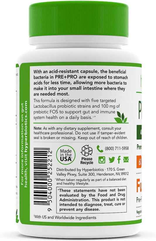 Hyperbiotics Pre Pro | Vegan Probiotics + Prebiotics | 60 Billion Cfu 2.08 Ounces