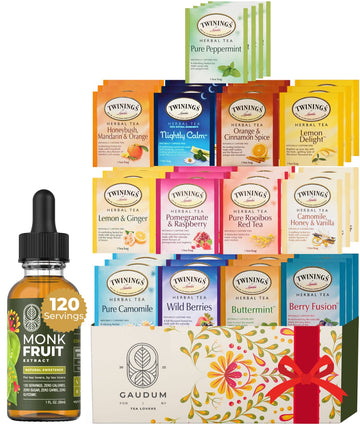 Twinings Herbal Tea Variety Pack - Herbal Tea Sampler (40 Herbal Tea Bags) + Monk Fruit Sweetener ( Bottle) + Giftable Box, Brochure, And Recipe Ebook - Tea Gift Set, Perfect Tea Sets For Women & Men