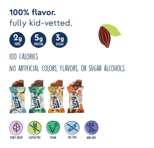 Zing Kids Protein Bars Variety Pack, Gluten Free 100 Calorie Mini Bars With High Protein, Vegan Nutrition Bars, Dairy Free Plant Based Protein - 24 Count