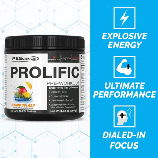 Pescience Prolific Pre Workout Powder, Mango Splash, 40 Scoops, Energy Supplement With Nitric Oxide