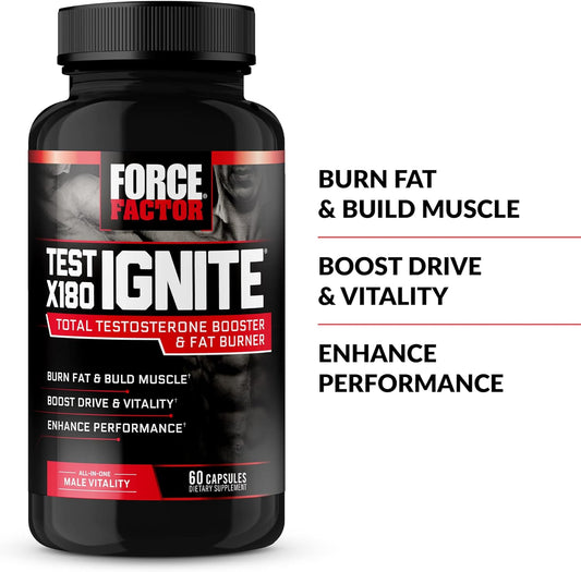 Force Factor Test X180 Ignite Testosterone Booster For Men, Testosterone Support Supplement To Help Burn Fat, Boost Vitality, And Increase Energy, 60 Capsules