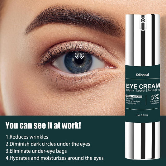 Kriloneal Retinol & Caffeine Eye Cream for Dark Circles and Puffiness and Wrinkles, Nourish Repair Anti-aging Eye Area with Hyaluronic Acid Hydrolyzed Collagen Squalene Beeswax