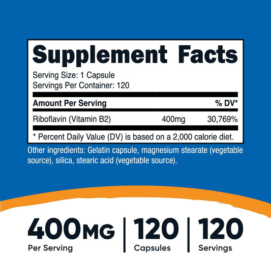 Nutricost Vitamin B2 (Riboflavin) 400Mg, 120 Capsules - Gluten Free, N