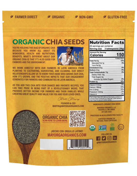 Mayorga Organic Raw Chia Seeds Resealable Bag | Superfood W/Plant-Based Omega 3 & Vegan Protein | Usda Certified, Gluten-Free, Non-Gmo, Direct Trade, Kosher | Add To Breakfast, Oats & More