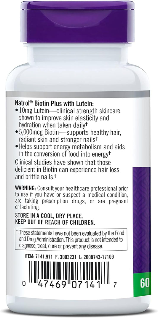 Natrol Biotin Beauty Plus Lutein Tablets, Promotes Healthy Hair, Skin