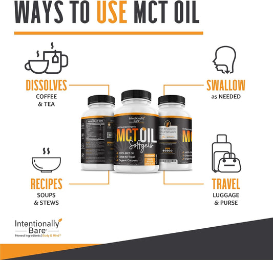 Intentionally Bare Organic Mct Oil Capsules - 70% C8 Mct Oil & 30% C10 Mct Capsules Unflavored For Keto Low Carb And Paleo Diet - Mct Oil C8 & C10 For Energy Mood & Focus - Non-Gmo 300 Softgels