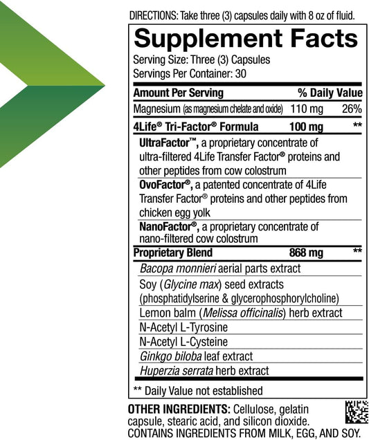 4Life Transfer Factor Recall - Brain Health Supplement For Memory & Learning Support - With Ginkgo Biloba, Bacopa Monnieri, & Huperzia Serrata - Supports Immune System - 90 Veggie Capsules