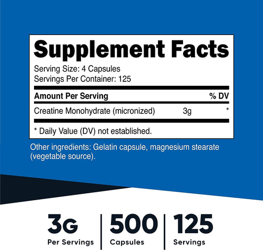 Nutricost Micronized Creatine Monohydrate 3,000Mg 500 Capsules, 125 Servings, 750Mg Of Creatine Monohydrate Per Capsule