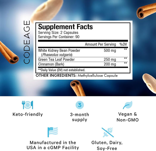 Codeage Keto Carb, White Kidney Bean, Green Tea & Cinnamon Bark Supple6 Ounces