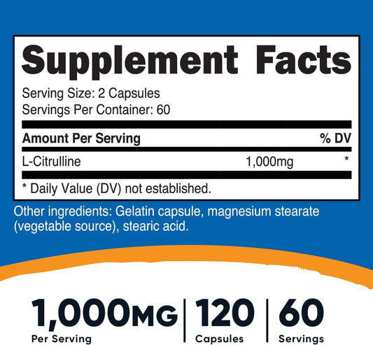 Nutricost L-Citrulline 500Mg, 120 Capsules - Gluten Free, Non-Gmo, 1000Mg Per Serving (60 Serv)