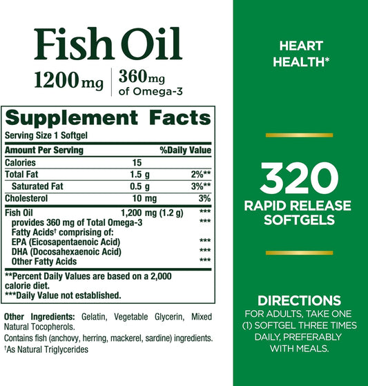 Nature's Bounty Fish Oil, Dietary Supplement, Omega 3, Supports Heart Health, 1200mg, Rapid Release Softgels, 320 Ct