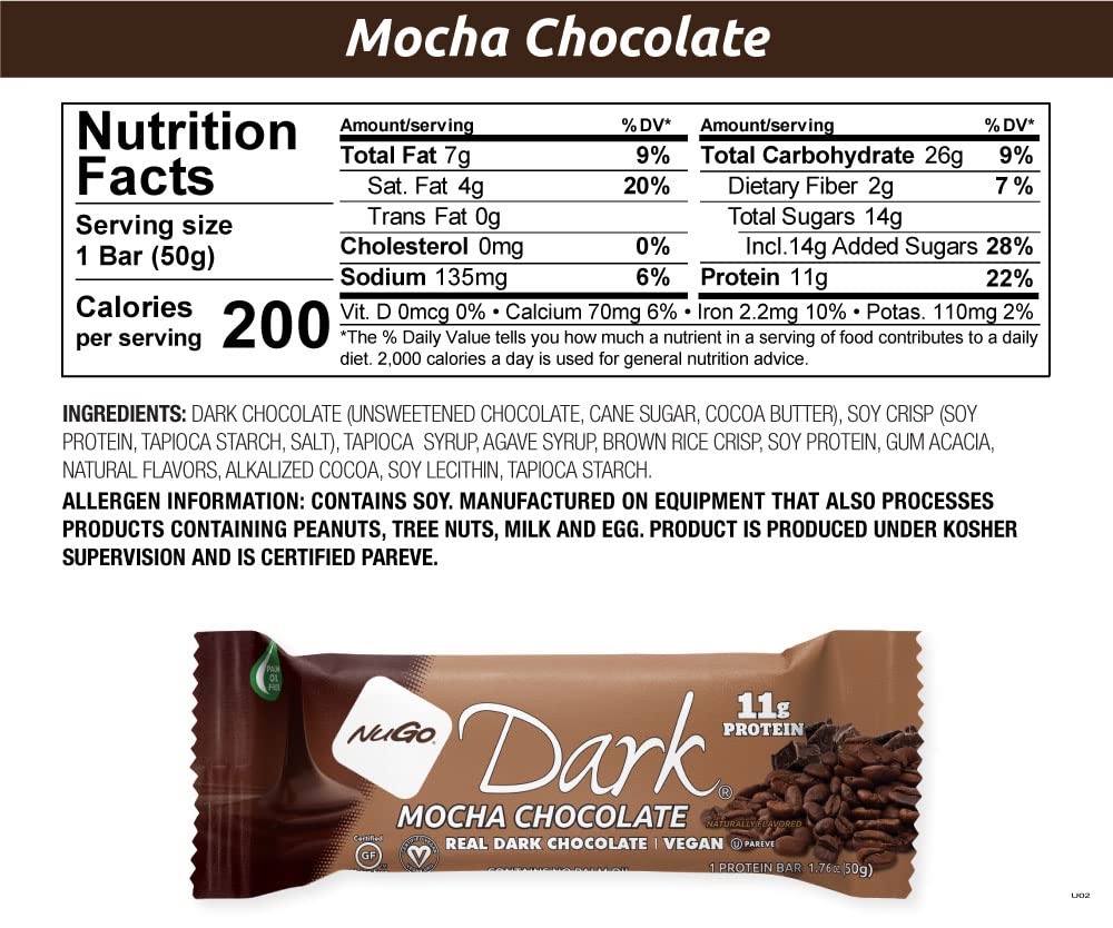 NuGo Dark Chocolate Mocha, 11g Vegan Protein, 200 Calorie, Gluten Free