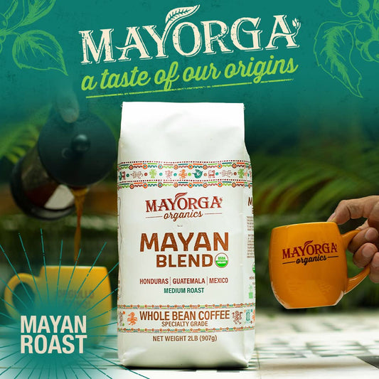 Mayorga Medium Roast Whole Bean Coffee Bag - Mayan Blend Coffee Roast - Smooth & Flavorful Organic Coffee - Specialty Grade 100% Arabica Coffee Beans - Non-Gmo, Direct Trade