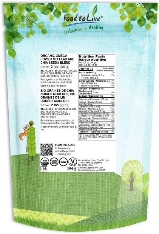 Organic Omega Power Flax And Chia Seeds Blend — Cold-Milled From Whole Raw Chia And Flax Seeds, Non-Gmo, Vegan, Kosher, Bulk. Rich In Omega 3 Fatty Acids. Perfect For Smoothies And Shakes