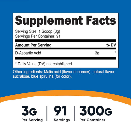 Nutricost D-Aspartic Acid (Daa) Powder 300G (Blue Raspberry) - Flavored D-Aspartic Acid Powder Supplement