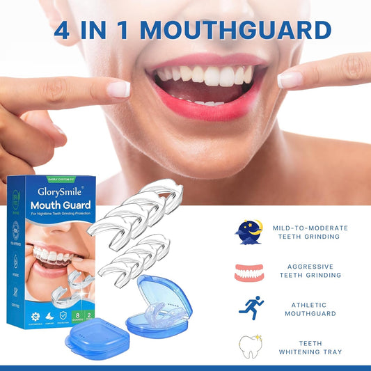 GlorySmile Mouth Guard for Clenching Teeth at Night, Upgraded Night Guards for Teeth Grinding, Pack of 8 Moldable Mouth Guard Stops Bruxism and Teeth Clenching 2 Sizes with Two Travel Cases