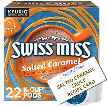 Swiss Miss Salted Caramel Hot Chocolate K Cups & Salted Caramel Sauce Recipe Card Bundle - Single-Serve Hot Cocoa Kcups For Keurig Brewers - 1 Box 22 Count (Ct) Pods And Recipe Card Exclusively From Insiteful Deals