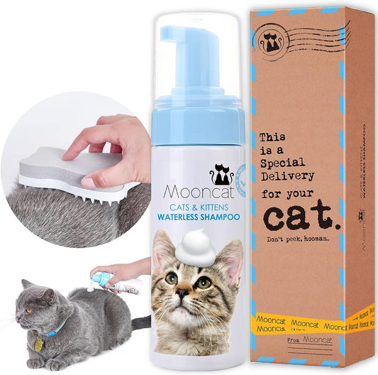 Mooncat Waterless Cat Shampoo+Cat Brush, Licking Safe Dry Shampoo For Cats, No Rinse Foam Cat Bath, Grooming For Cat, Kitten Sensitive Skin, Dander Reducing, Paraben Free, Ph Balanced (5 Oz)
