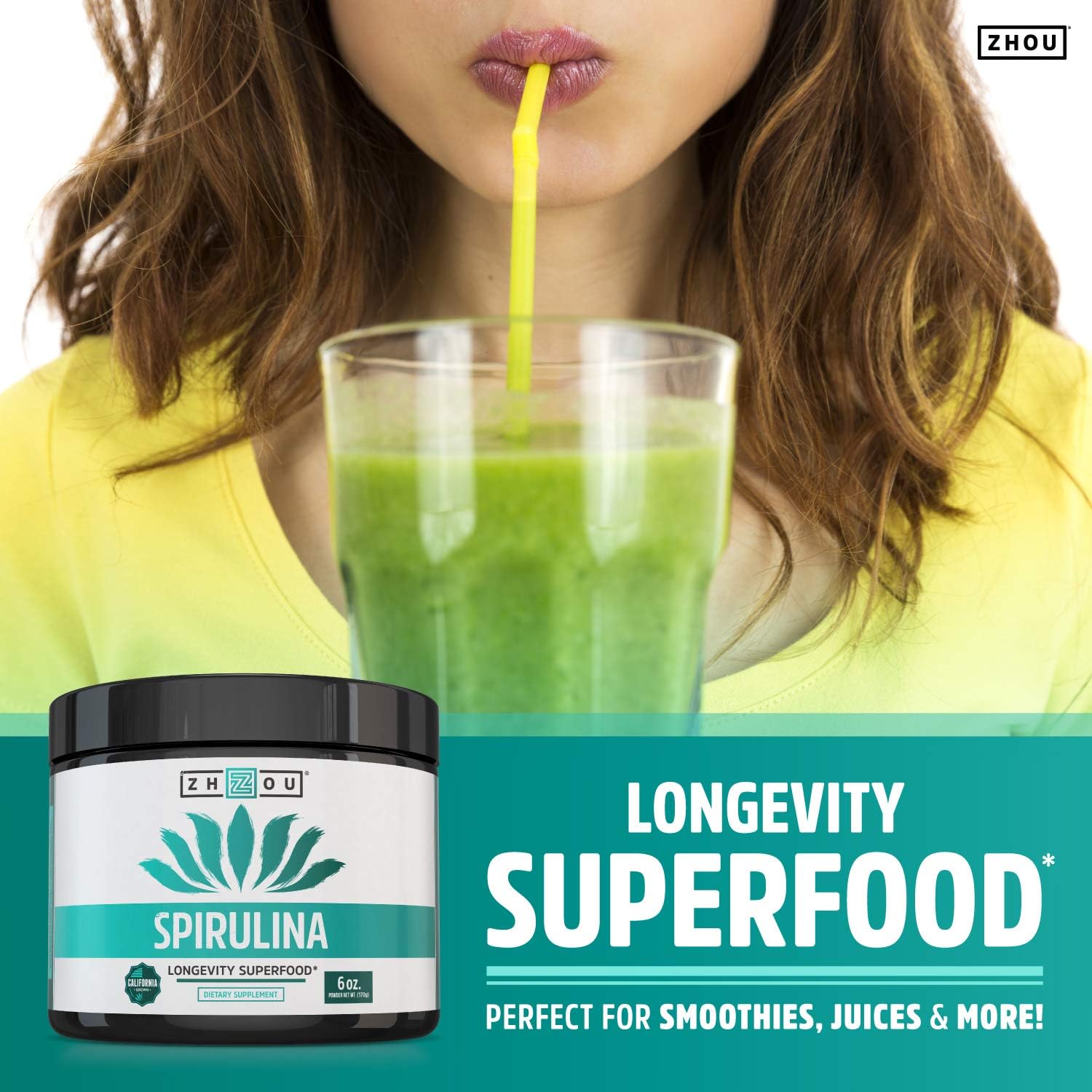 Zhou Spirulina Powder, Nutrient Rich Superfood, California Grown, 100%