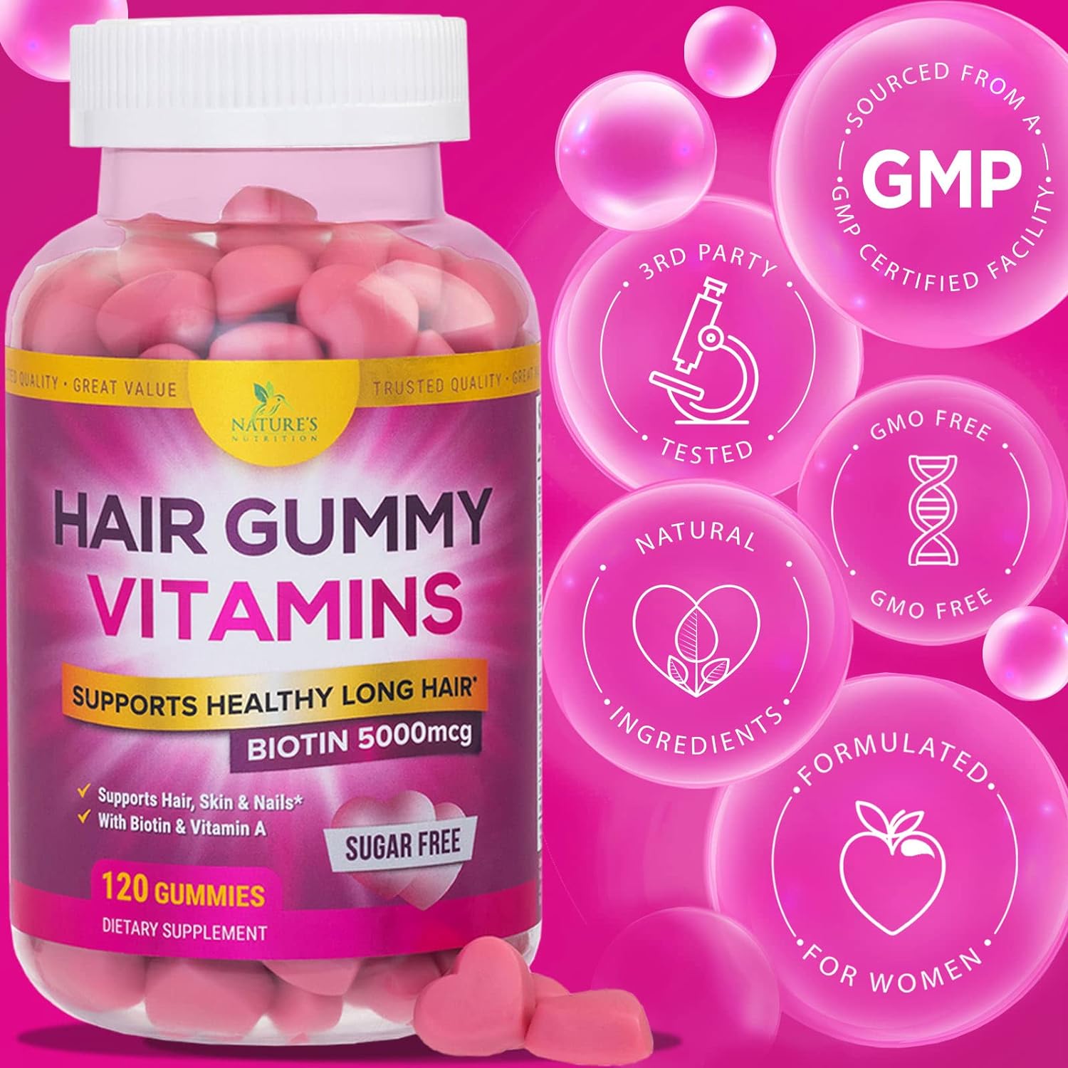 Sugar Free Hair Vitamins Gummies with Biotin 5000 mcg, Vitamin A, B12,