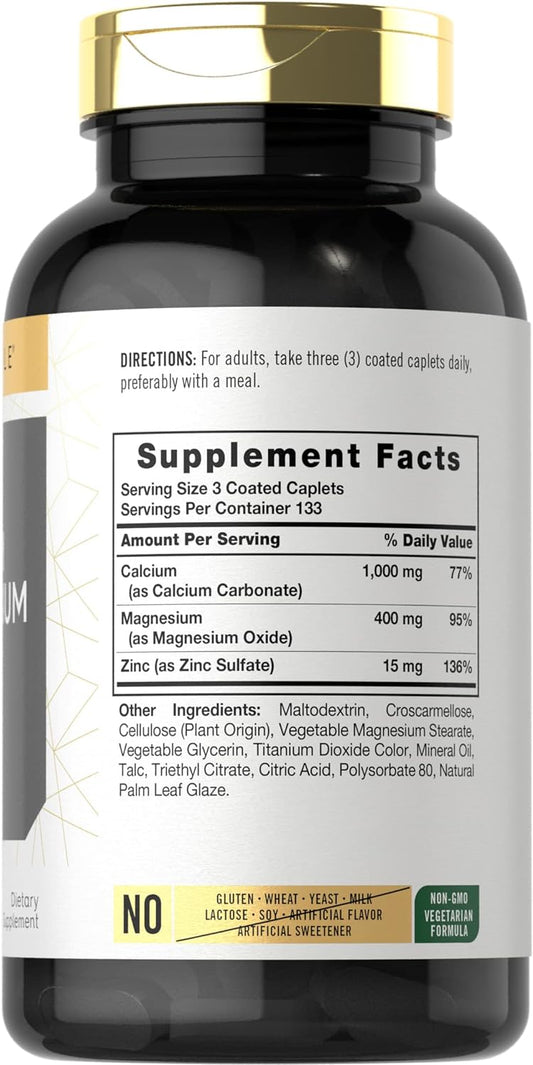 Calcium Magnesium Zinc | 400 Caplets Value Size | Vegetarian, Non-Gmo, Gluten Free Supplement | By Carlyle
