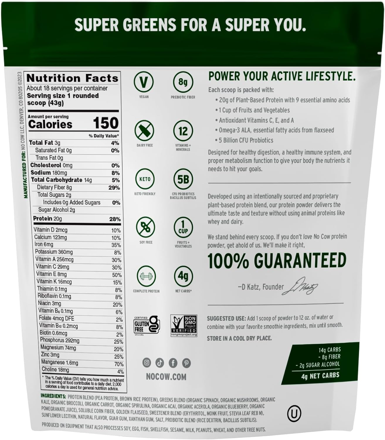 No Cow Plant-Based Protein Powder Plus, 20g Protein with 9 Essential A