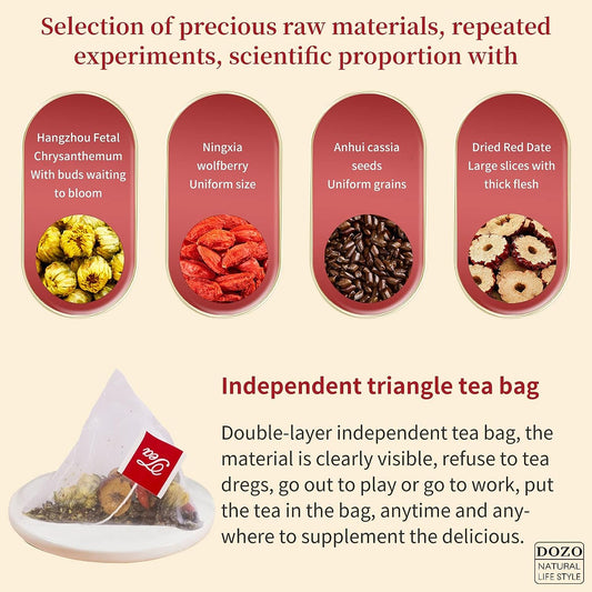 Dozo Premium Chrysanthemum Cassia Seeds Tea Bags (30Pack) Goji Berries Red Jujube Combination Tea Herbal Tea Bags No Additives