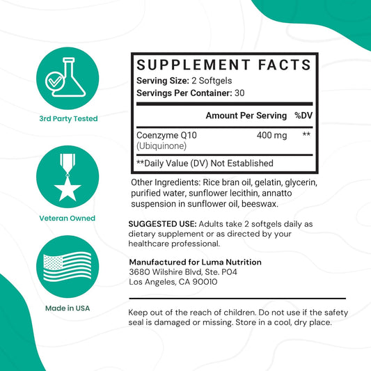 Luma Nutrition Coq10 400Mg Softgels - Premium Coenzyme Q10 - Co Q-10 2