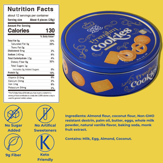 Choczero Keto Butter Cookies - Sugar Free Danish Shortbread Gift - Gluten Free, Low Carb (1 Tin, 12 Oz)
