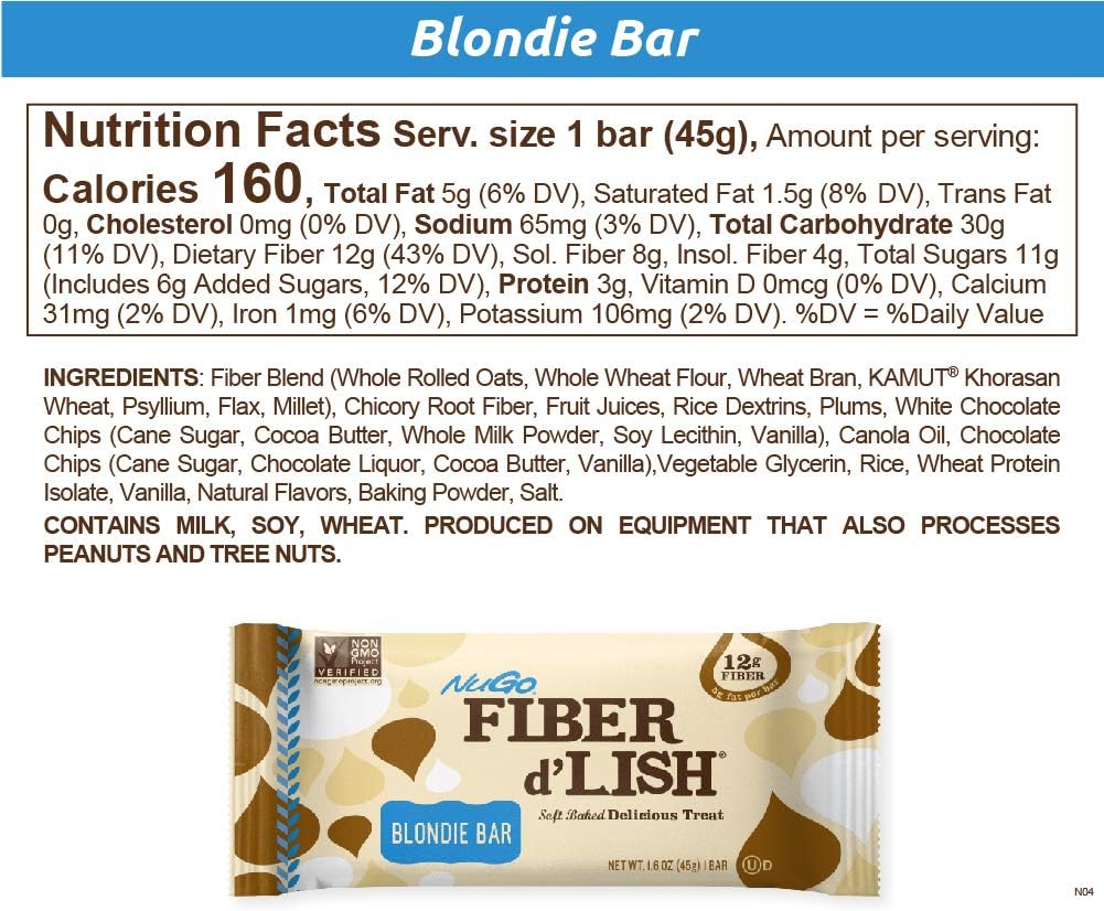NuGo Fiber d'Lish Blondie, 12g High Fiber, 160 Calories, 16 Count