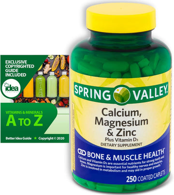 Spring Valley Calcium, Magnesium And Zinc Plus Vitamin D3 Coated Caplets, 250 Ct Bundle With Exclusive "Vitamins & Miner
