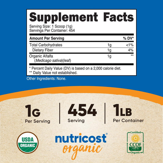 Nutricost Organic Alfalfa Powder 1Lb - Usda Certified 100% Organic, Ve