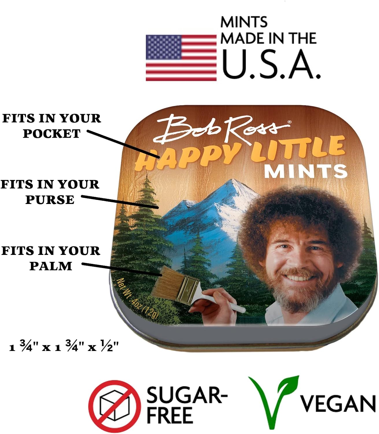 Bob Ross Happy Little Breath Mints,1 Tin, Net Wt 4oz (12g)