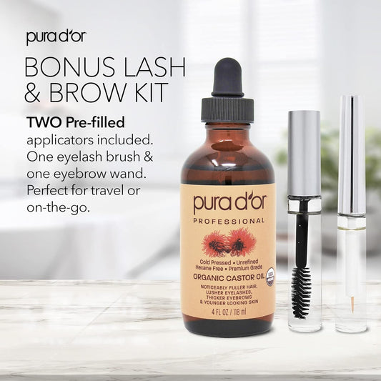 Pura D'Or Organic Castor Oil (4Oz + 2 Limited Time Bonus Pre-Filled Eyelash & Eyebrow Brushes) 100% Pure, Cold Pressed,