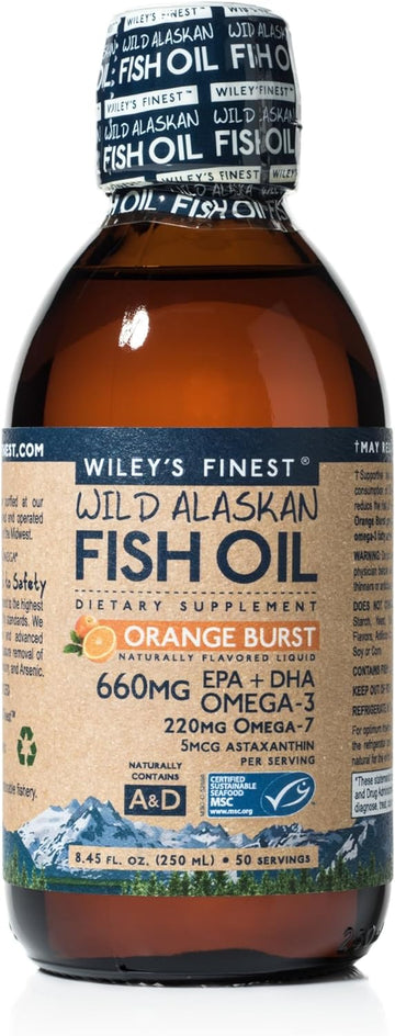 Wiley's Finest Wild Alaskan Fish Oil Orange Burst - Liquid Omega-3 Fish Oil Supplement - 660mg EPA and DHA Holistic Supp