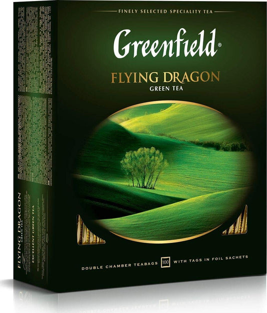 Greenfield Flying Dragon Green Tea Collection Finely Selected Speciality Tea 100 Double Chamber Teabags With Tags In Foil Sachets