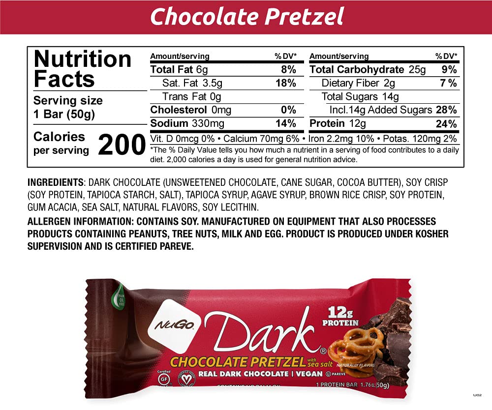NuGo Dark Pretzel and Sea Salt, 12g Vegan Protein, 200 Calorie, Gluten
