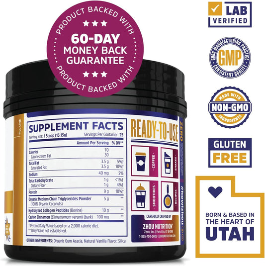 Zhou Mct Collagen | With Organic Prebiotic Fiber & Ceylon Cinnamon | 21.1 Pounds